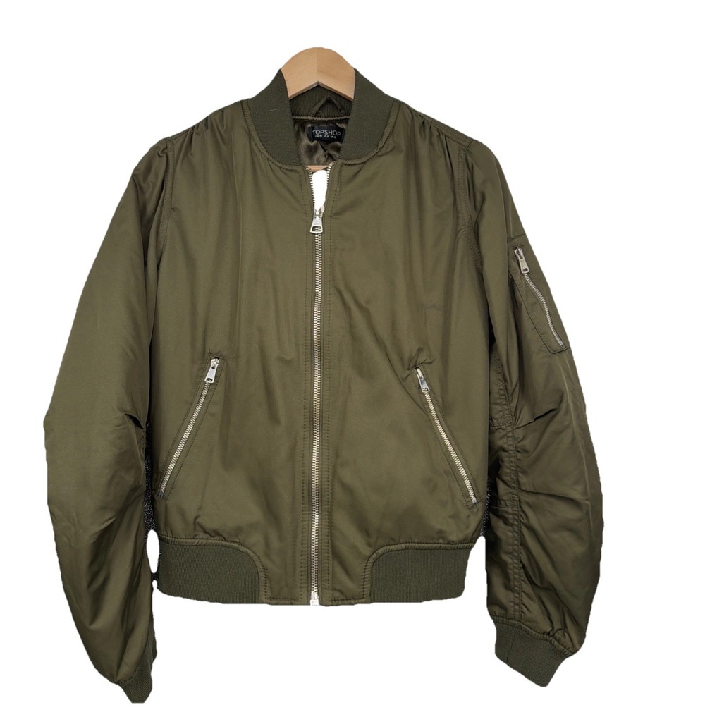 Topshop Womens MA1 Bomber Jacket Olive Green Full Zip Utility Flight Coat Sz 8
